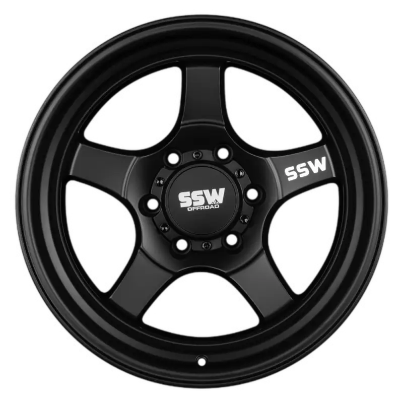 STRYKER Matte Black Wheel in 17x9.0 -25 size with 6x139.7 PCD, featuring a durable lightweight design and SSW Off-Road branding.