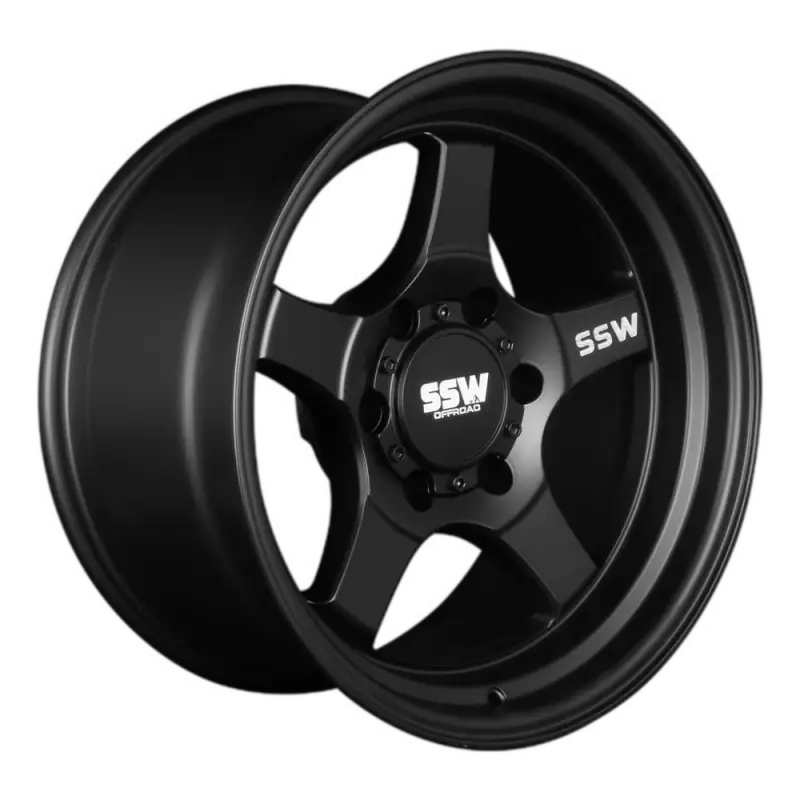 Side view of STRYKER Matte Black Wheel, 17x9.0 -25 size, showcasing its sleek 5-spoke design and SSW Off-Road logo for off-road vehicles.