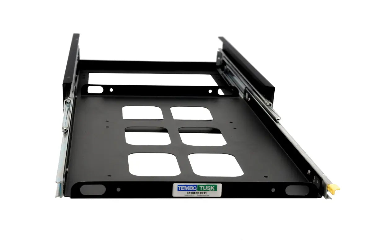 Jumbo Front Pull Slide with durable steel frame and locking tracks, designed for 95L+ fridges, shown in extended position.