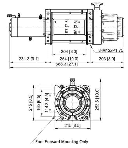 Technical diagram of SEAL GEN2 20.0, 12V Winch with detailed dimensions and mounting specifications for precise installation.