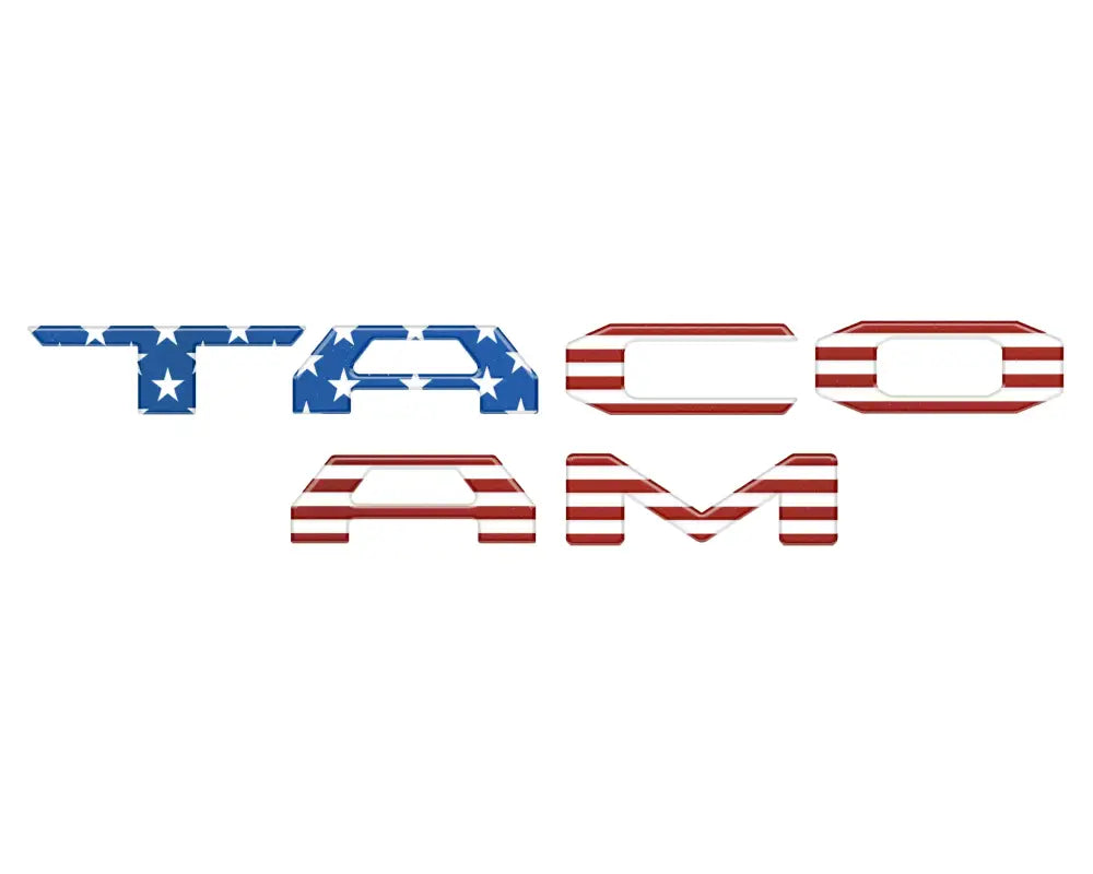 Red, white, and blue American flag-themed tailgate letter inserts for 2024-2025 Toyota Tacoma, adding a bold decorative touch.