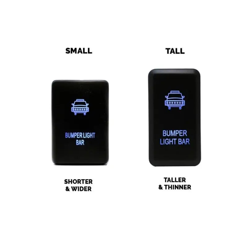 Comparison of small and tall bumper light bar switches for Toyota vehicles, compatible with Brite Box wiring systems.