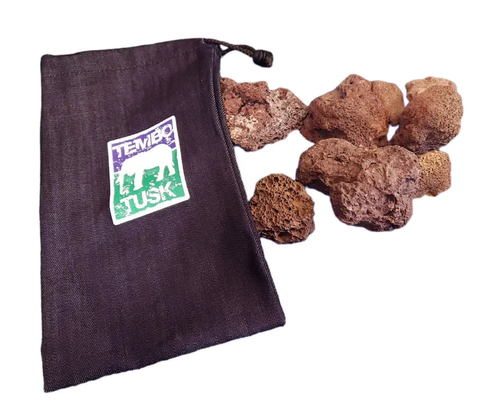 TemboTusk branded bag with lava rocks, ideal for enhancing the functionality and appearance of the portable propane fire pit.