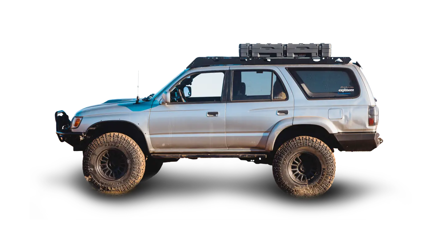 Toyota 4Runner with Matterhorn roof rack, aluminum construction, carrying cargo boxes, designed for 1996-2002 models.
