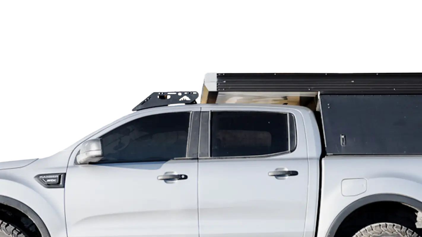 Close-up of Stratus roof rack mounted on a Ford Ranger, highlighting durable construction and compatibility with GFC camper.