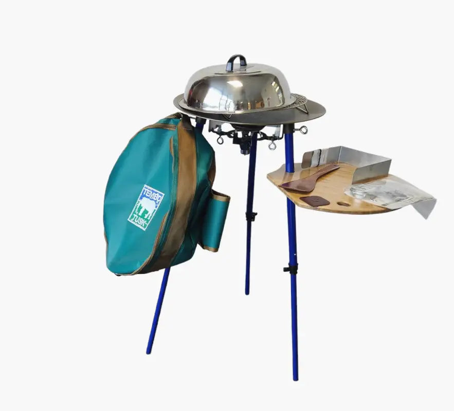 Complete Skottle Grill Kit by TemboTusk with grill, burner, lid, and carrying bag. Ideal for outdoor cooking and camping.