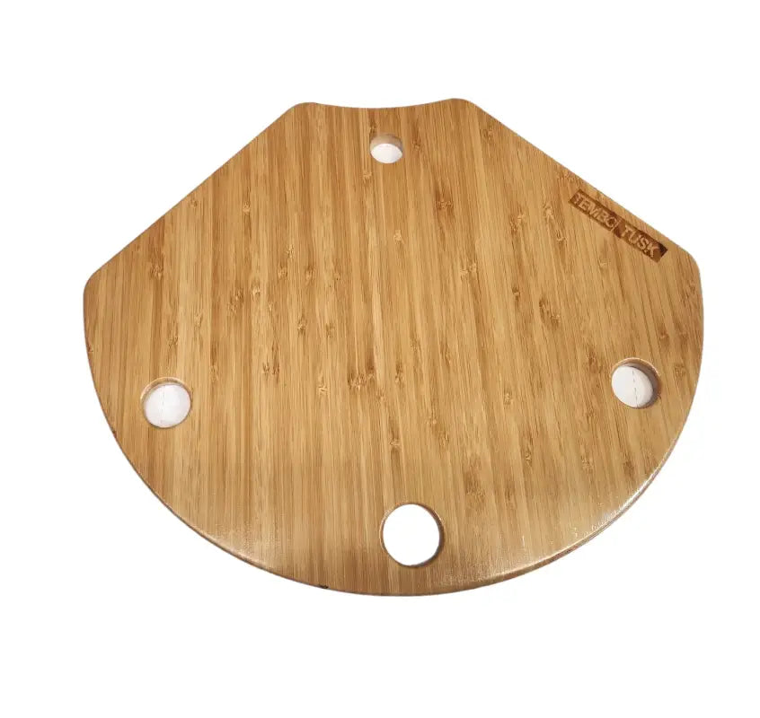 Bamboo side table for TemboTusk Skottle Grill with pre-drilled holes for easy attachment, perfect for camping setups.