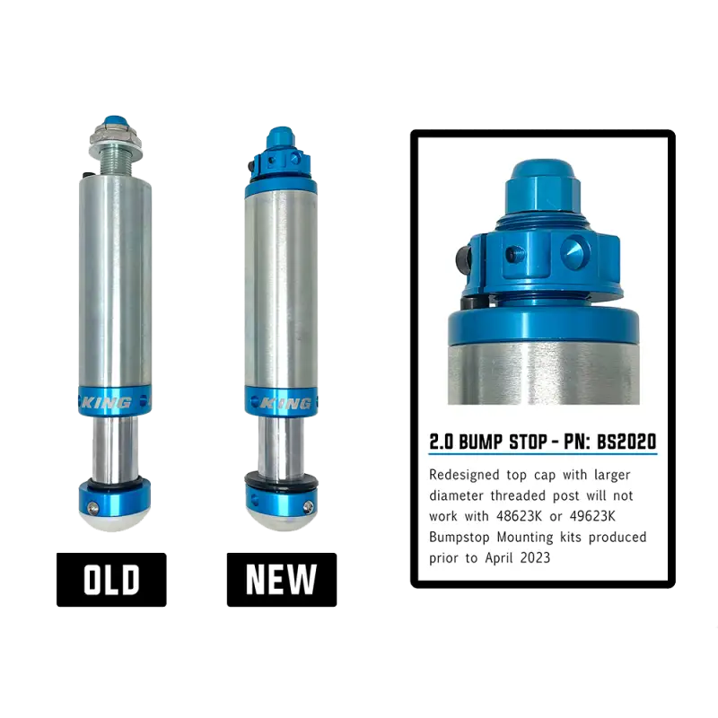 Comparison of old and new King 2.0 bump stops with redesigned top cap for compatibility with updated TOTAL CHAOS mounting kits.