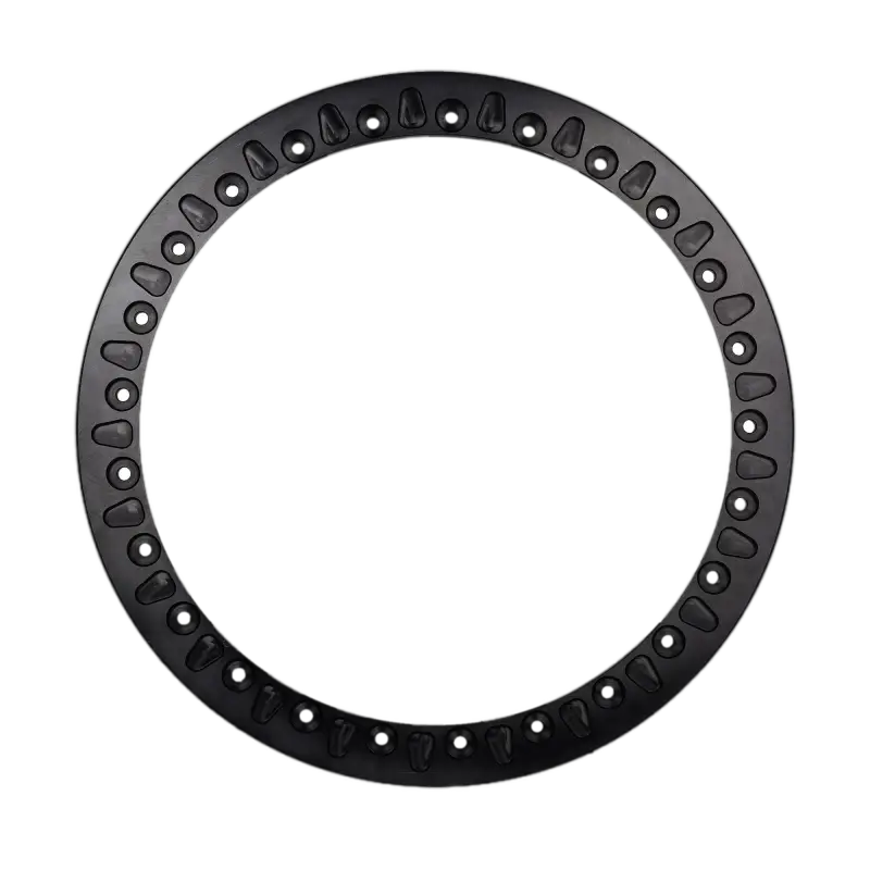 Black True Beadlock Ring for Hybrid Wheels V2 with knurled surface and CNC laser-cut precision, designed for off-road durability.