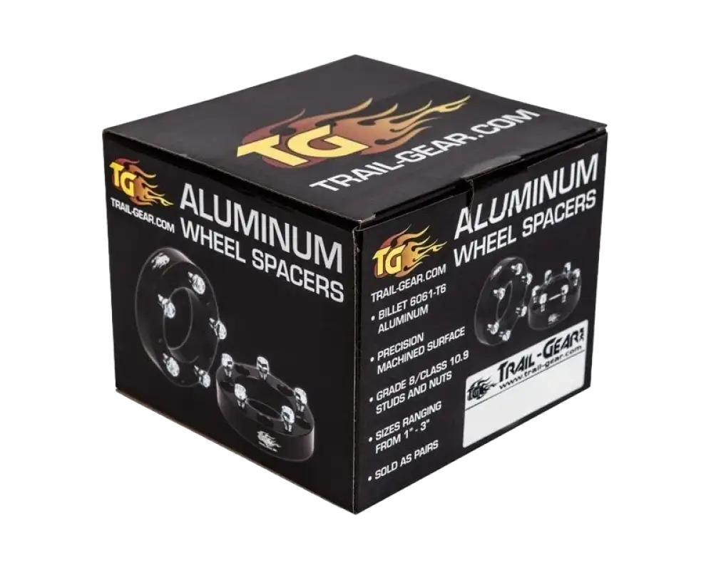 Trail-Gear aluminum wheel spacers packaging box showcasing black hub-centric spacers with 6x5.5 bolt pattern and M12-1.5 threads for Toyota vehicles.
