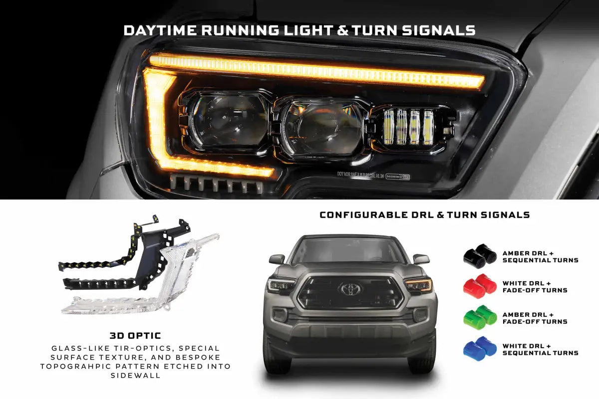 EVO Headlights for 16-23 Tacoma showing high beam and turn signals options