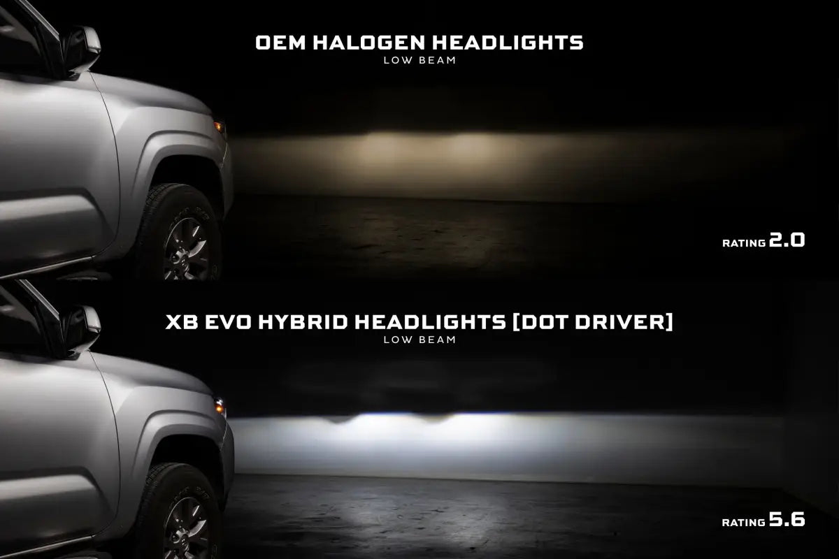 Headlight comparison showing XB Evo Hybrid Headlights for 16-23 Tacoma with hybrid headlights