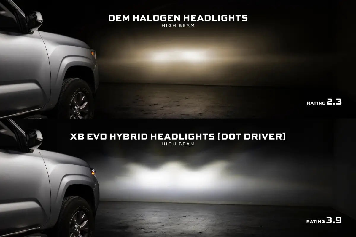 Car headlight comparison with XB Evo Hybrid Headlights for 16-23 Tacoma, featuring evo hybrid headlights